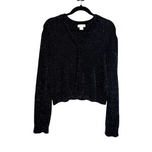 Vintage Ann Taylor Black Sparkle Button Up V-Neck Cardigan Sweater Size L USA